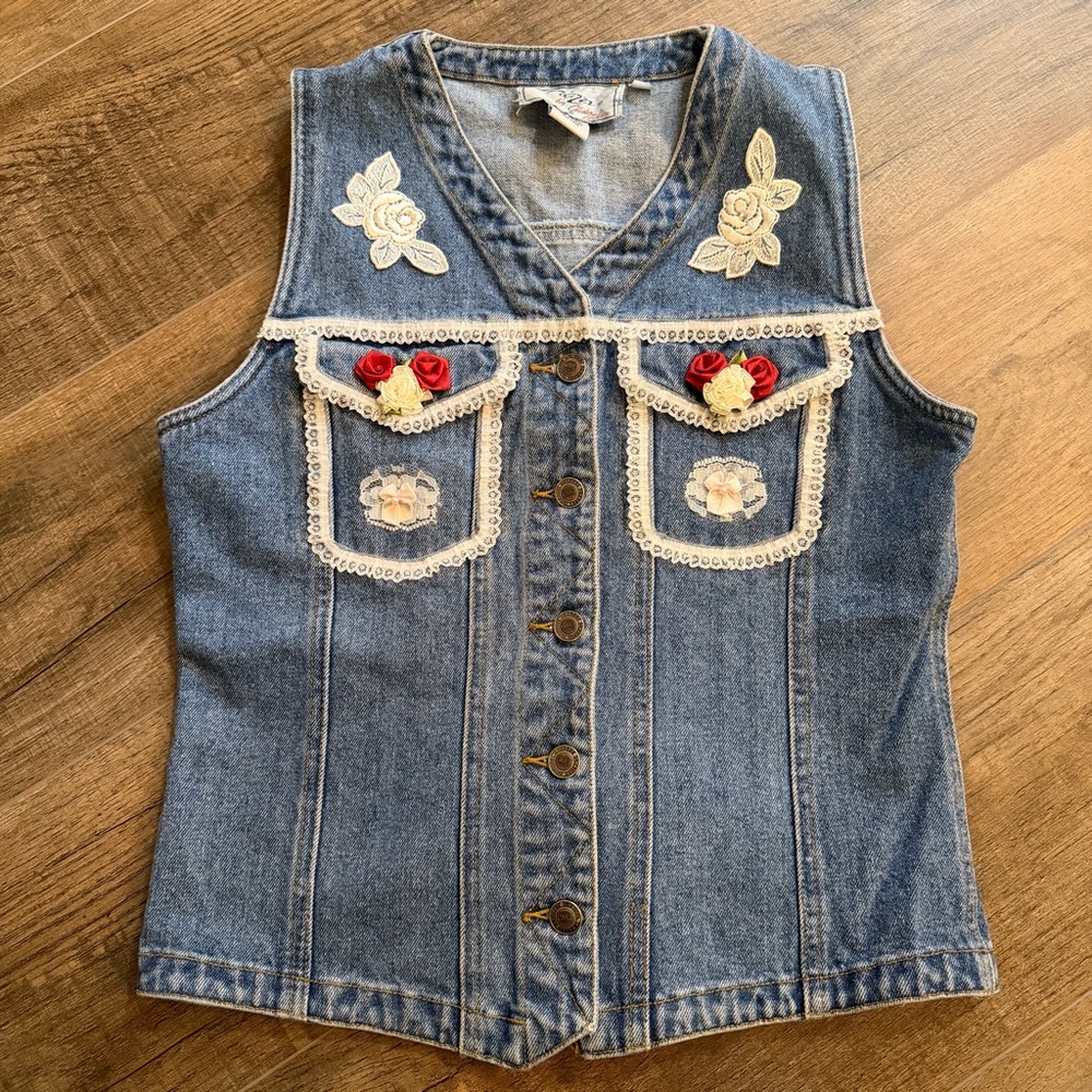 Chazzz By Charles Ghailian Women M Denim Jean Vest Jacket Blue Floral Lace Roses
